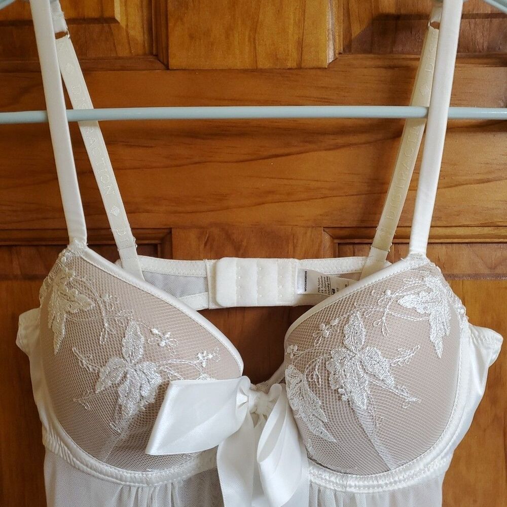 Distraction 34B Babydoll Chemise Women White Floral Lace Bow Underwire